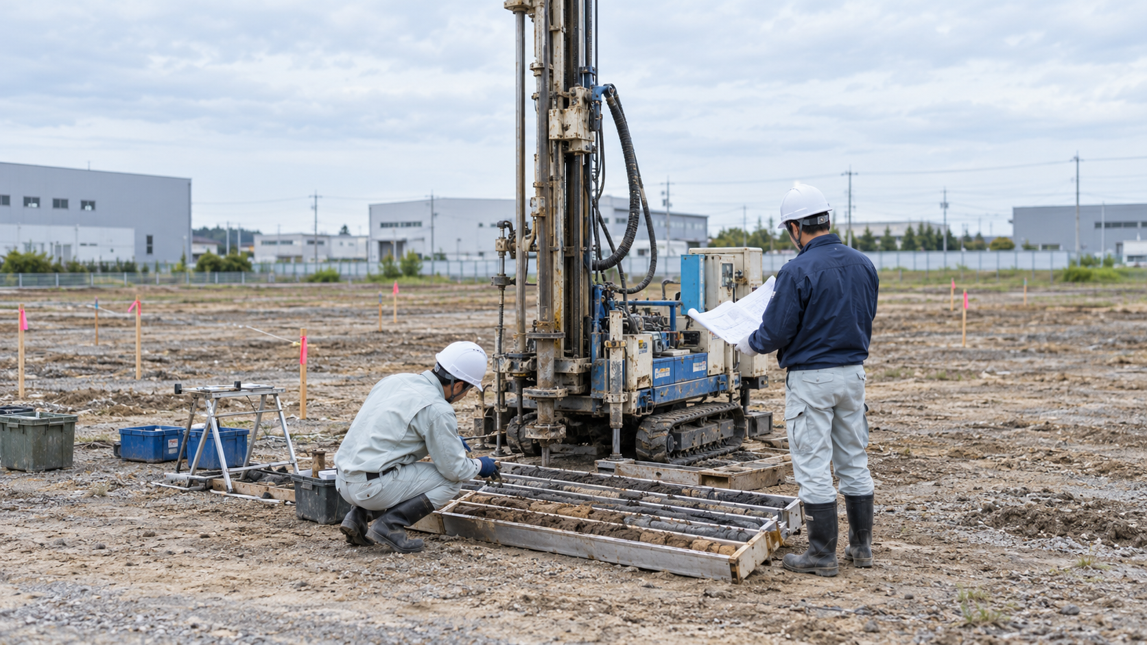 千葉県内の木造倉庫計画地でボーリング調査と地質試料の確認を行うイメージ